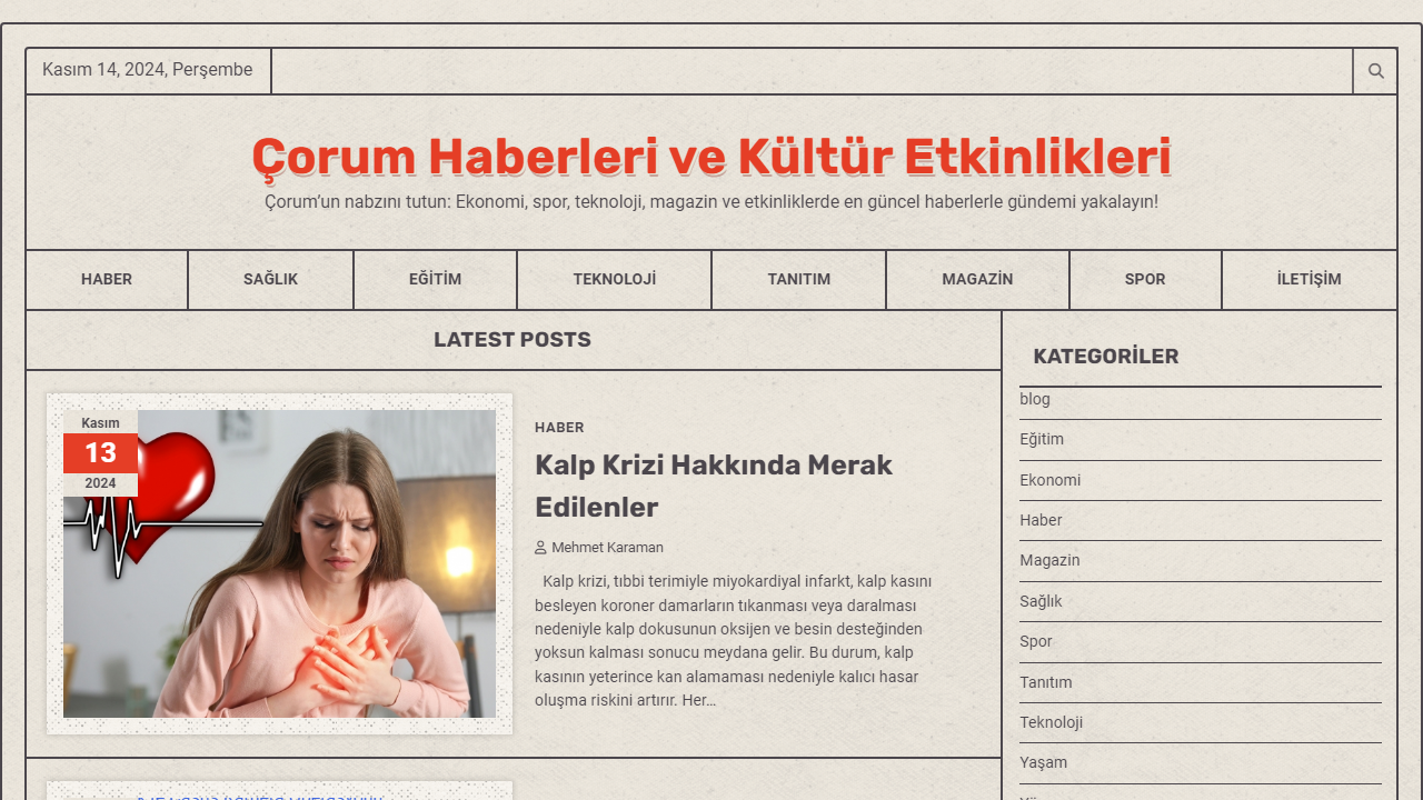 Çorum Haberleri ve Kültür Etkinlikleri - Çorum'un nabzını tutun: Ekonomi, spor, teknoloji, magazin ve etkinliklerde en güncel haberlerle gündemi yakalayın!